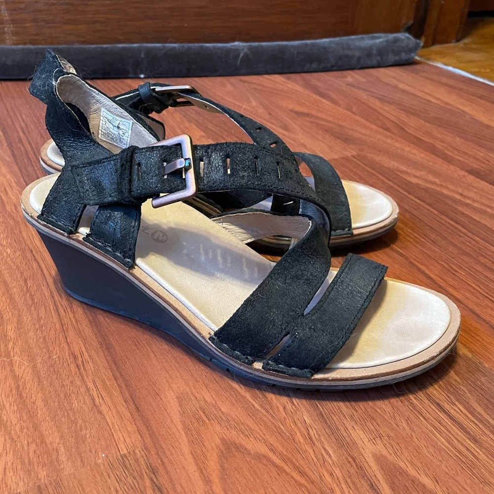 Black suede Merrill wedge sandals